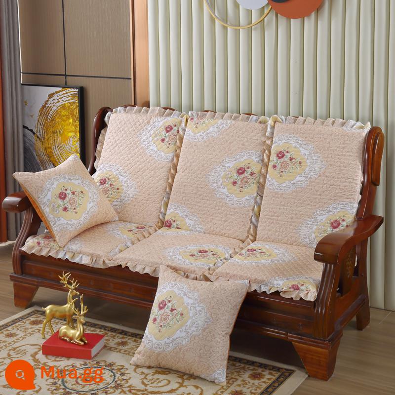 Đệm sofa gỗ đặc kết hợp chống trượt đa năng Đệm bọt biển dày ba chỗ có tựa lưng Đệm ghế gỗ kiểu cũ một mảnh - Ba Đời Ba Thế-Beige (vải)