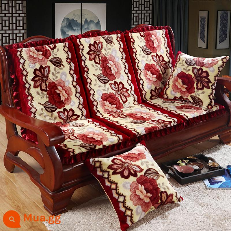 Đệm sofa gỗ đặc kết hợp chống trượt đa năng Đệm bọt biển dày ba chỗ có tựa lưng Đệm ghế gỗ kiểu cũ một mảnh - Hoa hồng đỏ