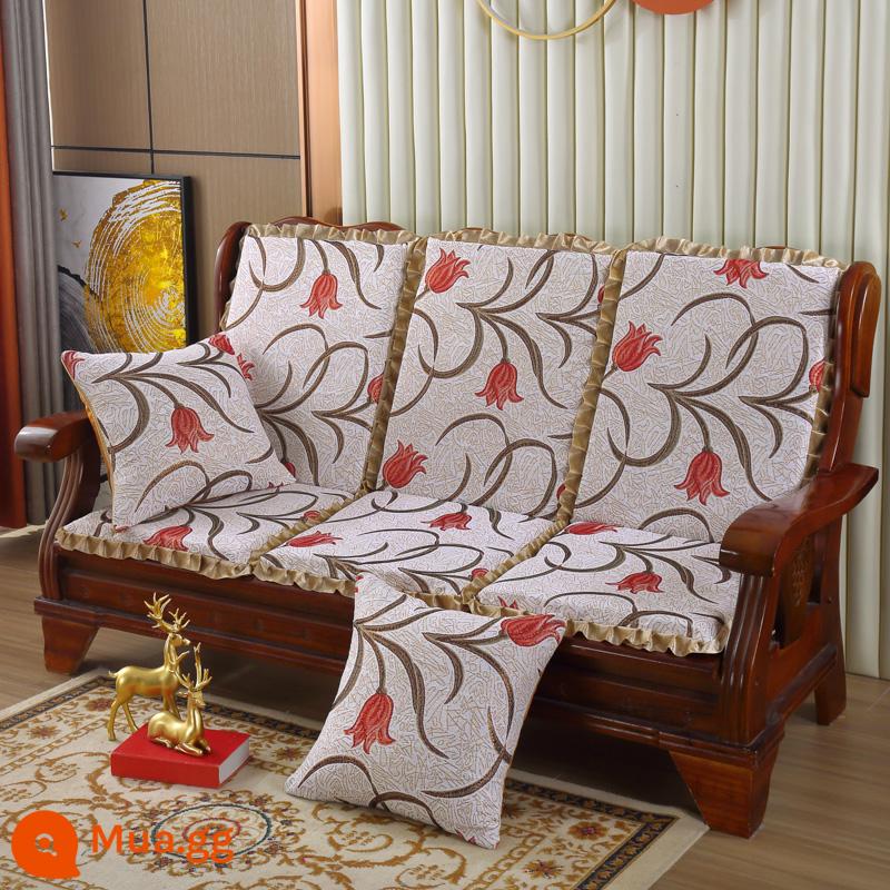 Đệm sofa gỗ đặc kết hợp chống trượt đa năng Đệm bọt biển dày ba chỗ có tựa lưng Đệm ghế gỗ kiểu cũ một mảnh - Quân đội xanh