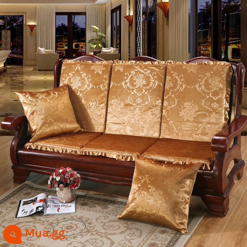 Đệm sofa gỗ đặc kết hợp chống trượt đa năng Đệm bọt biển dày ba chỗ có tựa lưng Đệm ghế gỗ kiểu cũ một mảnh - Màu trơn - lạc đà (nhung vàng)