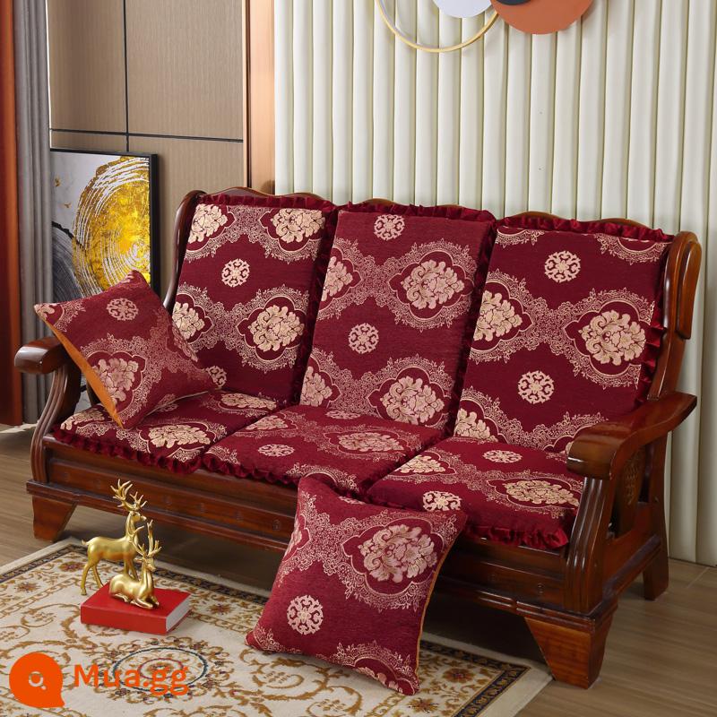 Đệm sofa gỗ đặc kết hợp chống trượt đa năng Đệm bọt biển dày ba chỗ có tựa lưng Đệm ghế gỗ kiểu cũ một mảnh - Chenille Bắc Âu-Đỏ (Chenille))