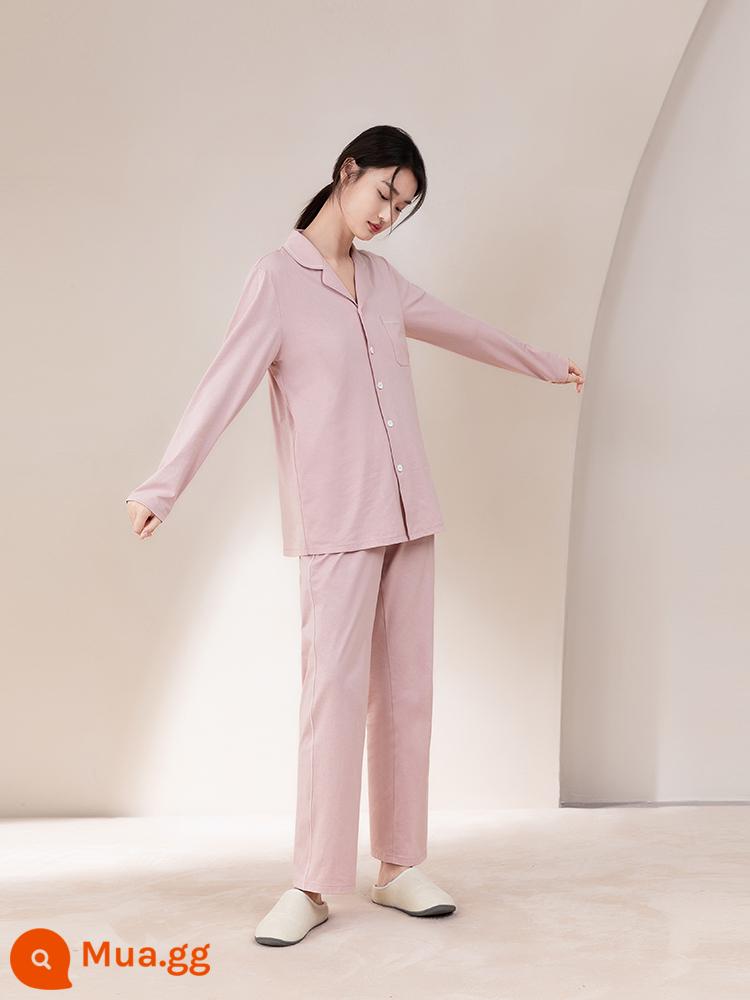 Agentmuse lụa ve áo cardigan áo thun cổ tròn cặp đôi mặc nhà đồ ngủ nữ xuân thu phù hợp với - Misty Rose-Bộ đồ cardigan nữ 741T kiểu dáng