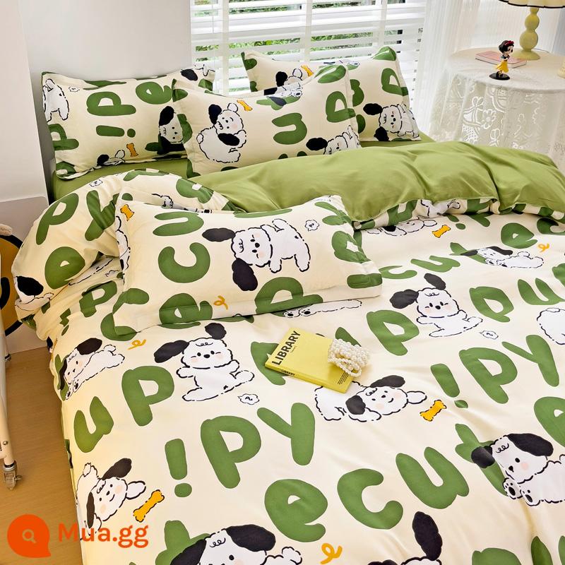 Ins Ga Giường 4 Món Bộ Ga Giường Cotton Đôi Vỏ Chăn Cotton Nguyên Chất Ký Túc Xá Sinh Viên Chăn Ga Gối 3 Miếng 4 - Chú chó dễ thương vui vẻ băng tuyết xanh BYS