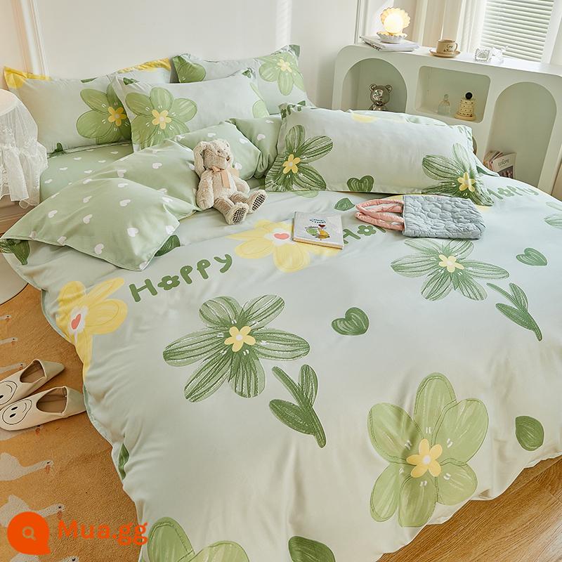 Ins Ga Giường 4 Món Bộ Ga Giường Cotton Đôi Vỏ Chăn Cotton Nguyên Chất Ký Túc Xá Sinh Viên Chăn Ga Gối 3 Miếng 4 - Màu be xanh xanh K