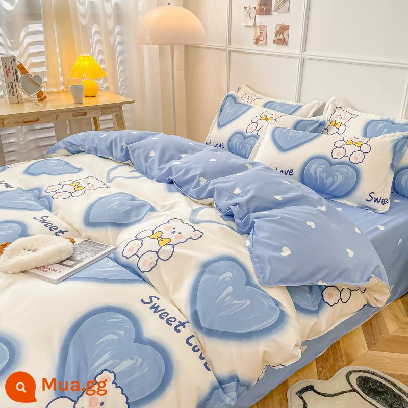 Ins Ga Giường 4 Món Bộ Ga Giường Cotton Đôi Vỏ Chăn Cotton Nguyên Chất Ký Túc Xá Sinh Viên Chăn Ga Gối 3 Miếng 4 - Sky Blue Care Gấu K