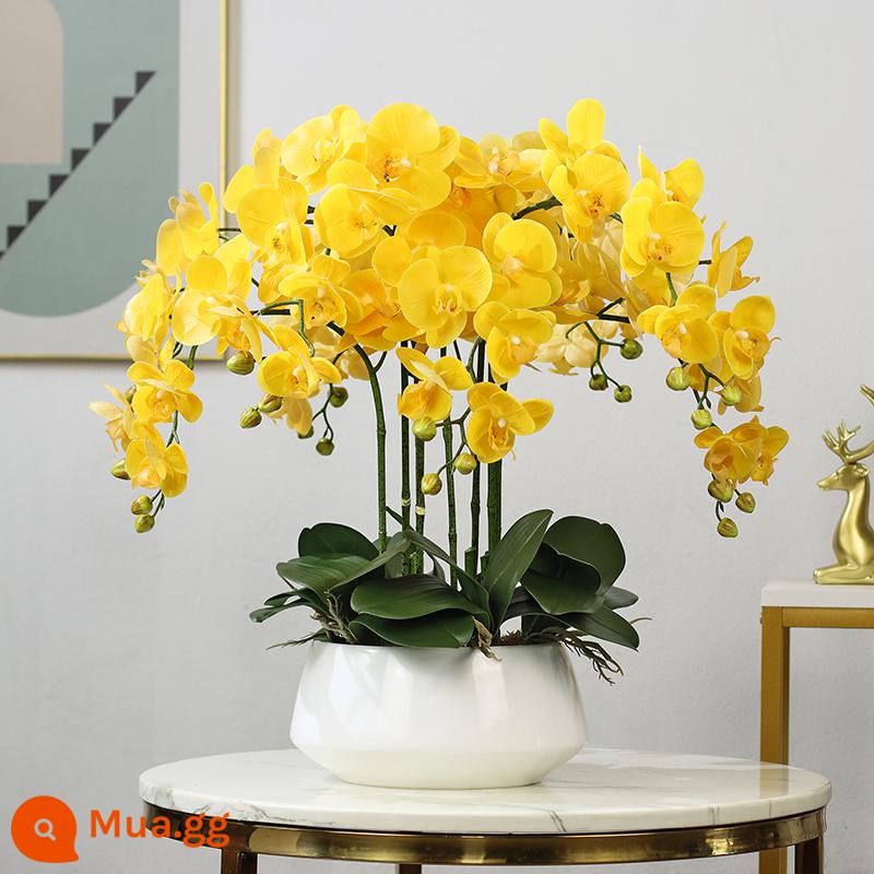 Hoa và giấc mơ lưu vực pu cảm thấy phalaenopsis mô phỏng hoa nghệ thuật phòng khách phòng cà phê tủ tv tủ trang trí hoa giả trang trí - Chậu màu trắng vàng 8 nhánh