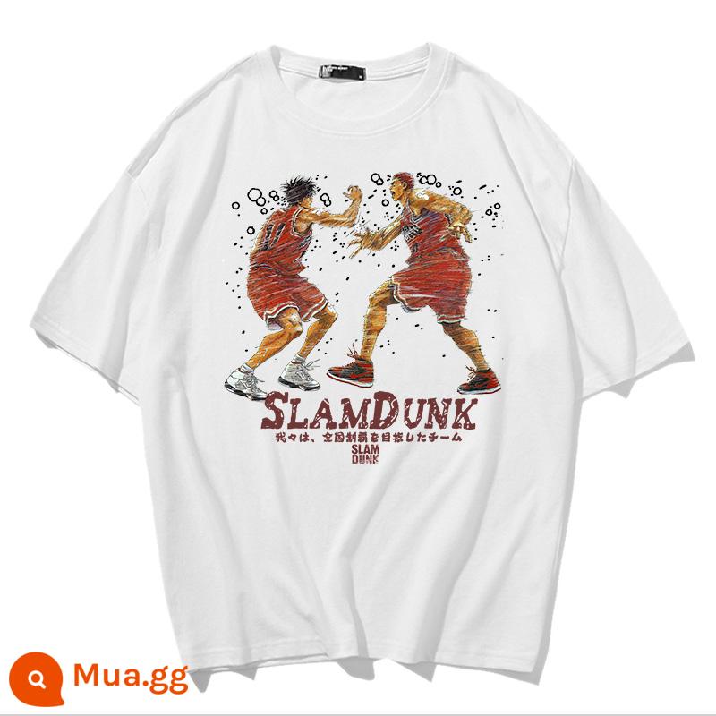 Mùa Hè 2023 Slam Dunk Áo Thun Ngắn Tay Nam Tất Cả Các Trận Đấu Bóng Rổ Quần Áo Dáng Rộng Hợp Thời Trang Sakuragi Flower Road Khớp Nửa Tay - Sakuragi Rukawa Maple Clap-Trắng