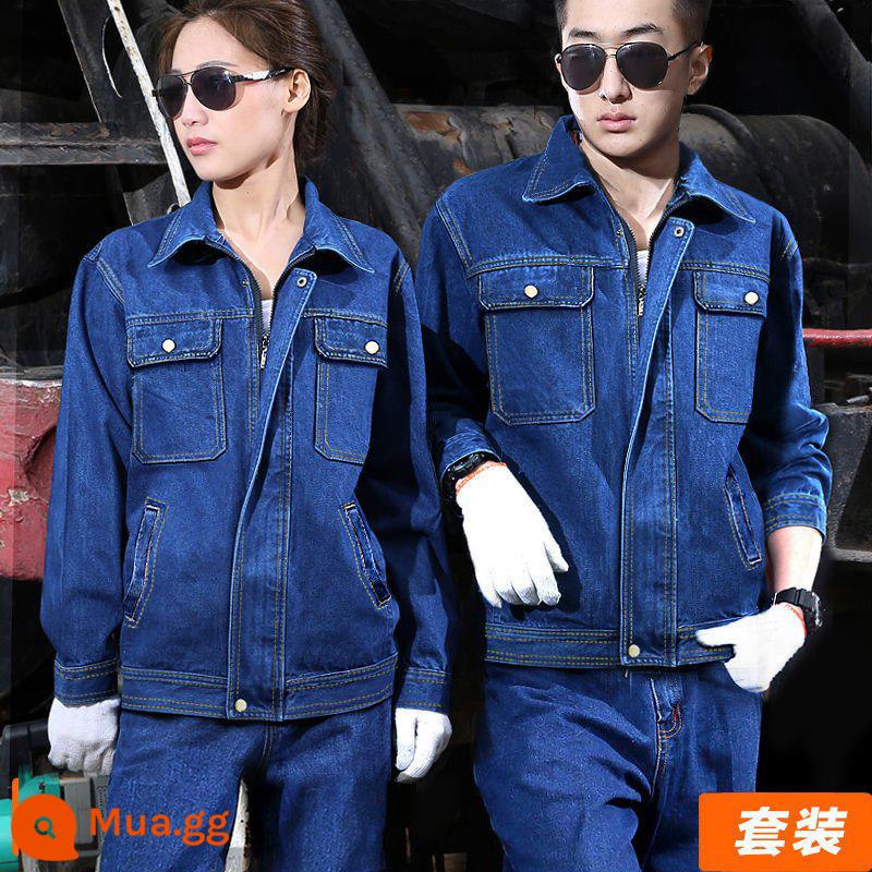 Bộ quần áo bảo hộ lao động mùa xuân thu cho nam, cotton nguyên chất, hàn, cổ đứng, denim, quần áo bảo hộ lao động chống bỏng và chống mài mòn, quần áo bảo hộ lao động thợ hàn cho nam - Kiểu khóa kéo B05 (áo + quần)