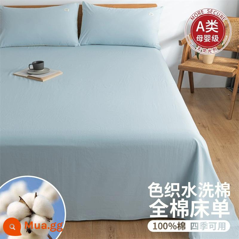 Tấm Ga Trải Giường Cotton Nguyên Chất Dày Một Mảnh 100 Cotton Cao Cấp Màu Trơn Ký Túc Xá Sinh Viên Đơn 1.5 M 3 Bộ 3 - 100% cotton dày màu xanh da trời