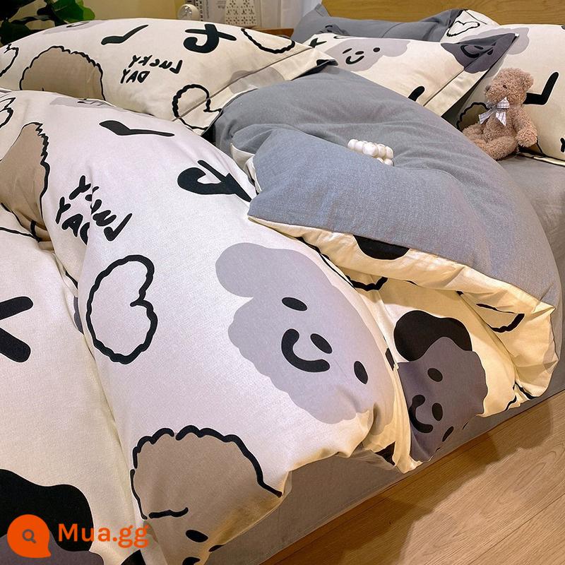 Catman nguyên chất cotton chải 4 món thu đông dày nguyên chất cotton mùa đông chăn ga gối đệm Bộ 3 món 2023 phong cách mới - Chú Chó Nghịch Ngợm [100 cotton nguyên chất dày chải]