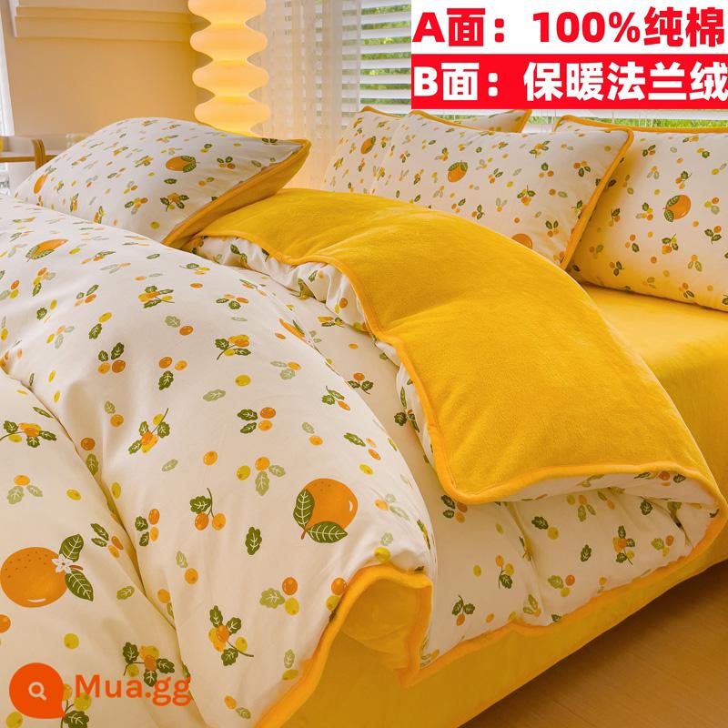 Cotton nguyên chất nhung một mặt vỏ chăn nỉ san hô flannel đơn ký túc xá sinh viên đơn người mùa đông trẻ em ab-mặt cotton - Đường Cam (100% cotton và nhung)