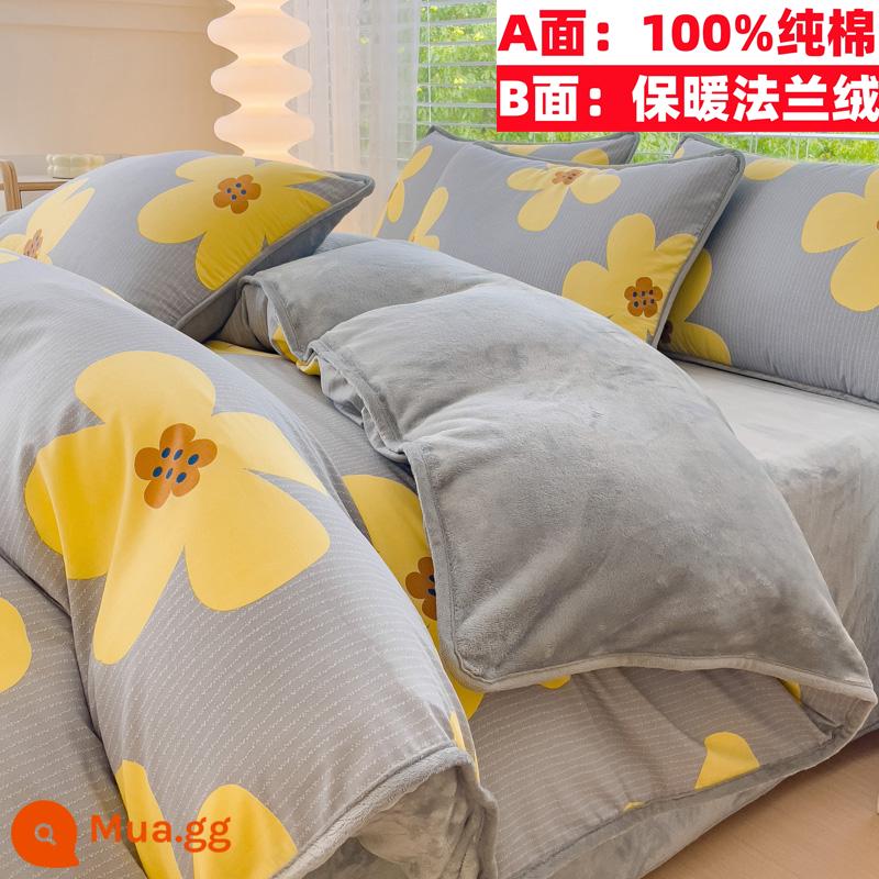 Cotton nguyên chất nhung một mặt vỏ chăn nỉ san hô flannel đơn ký túc xá sinh viên đơn người mùa đông trẻ em ab-mặt cotton - Hoa tình yêu (bông cộng nhung)