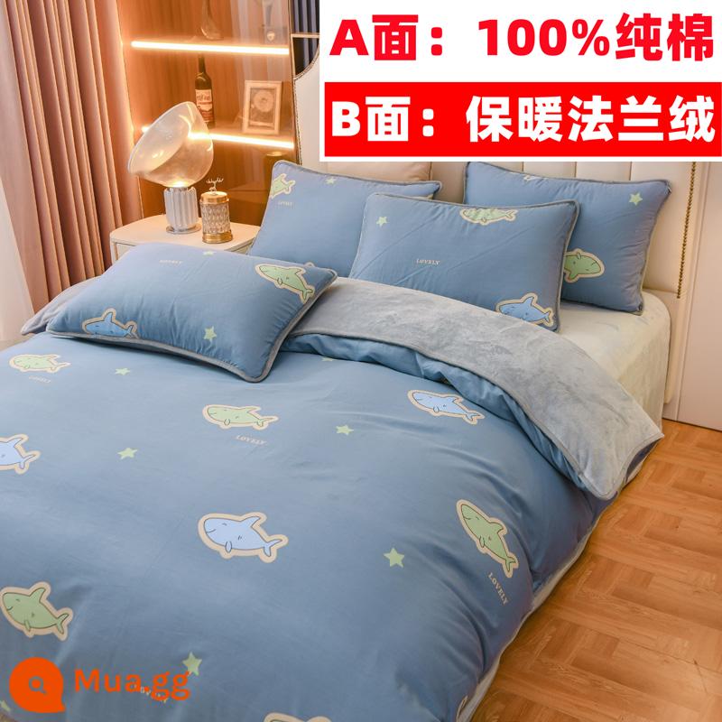 Cotton nguyên chất nhung một mặt vỏ chăn nỉ san hô flannel đơn ký túc xá sinh viên đơn người mùa đông trẻ em ab-mặt cotton - Ocean Star (100% cotton và nhung)