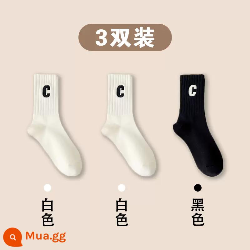 Tất Nữ Xuân Thu Cotton Tân Cương Với Quần Cá Mập Mặc Ngoài Giữa Bắp Tất Vớ Cotton Chữ C Hợp Thời Trang Vớ - 3 đôi [2 trắng + 1 đen]