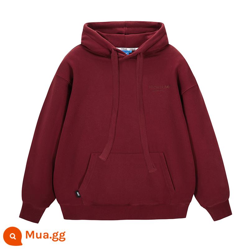 [SSUR PLUS] ICONSLAB áo hoodie có logo cơ bản cùng màu thêu mũ dày dây áo hoodie nặng - rượu vang