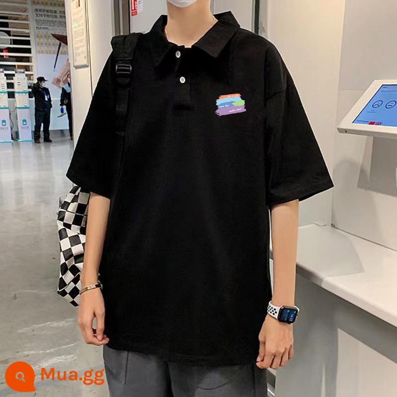 Áo sơ mi polo ngắn tay bằng cotton nguyên chất mùa hè dành cho nam thương hiệu hợp thời trang rộng rãi theo phong cách Hồng Kông thiết kế cảm giác thích hợp quần áo hàng đầu ins xu hướng áo thun - [Graffiti màu] Đen