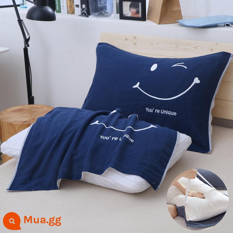 Khăn gối cặp cotton nguyên chất chống mạt kháng khuẩn bé trai khăn gối cotton gạc cao cấp 2022 new pad khăn chống trượt - Mặt cười: Xanh navy (2 khăn gối, loại có quai, kháng mạt và kháng khuẩn loại A