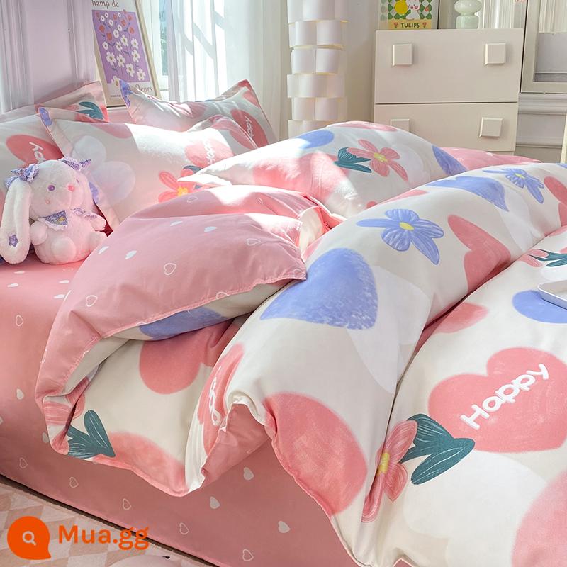 Lưới đỏ cotton nguyên chất 4 mảnh 100 ga trải giường cotton vỏ chăn 1.8 đôi vỏ chăn trải giường Bộ 4 món mùa thu và mùa đông nguồn cung cấp - Xanh đậm, tôi nhớ Y