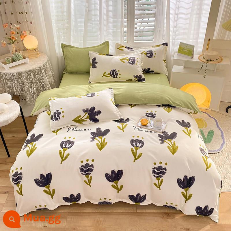 Lưới đỏ cotton nguyên chất 4 mảnh 100 ga trải giường cotton vỏ chăn 1.8 đôi vỏ chăn trải giường Bộ 4 món mùa thu và mùa đông nguồn cung cấp - Xanh thẫm, năm tháng êm ả bình yên