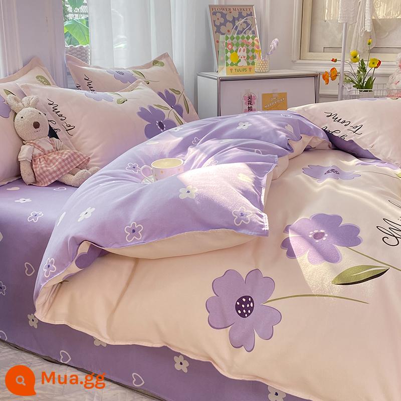 Lưới đỏ cotton nguyên chất 4 mảnh 100 ga trải giường cotton vỏ chăn 1.8 đôi vỏ chăn trải giường Bộ 4 món mùa thu và mùa đông nguồn cung cấp - Xanh ngọc lục bảo Xuân Bình minh Tím Y