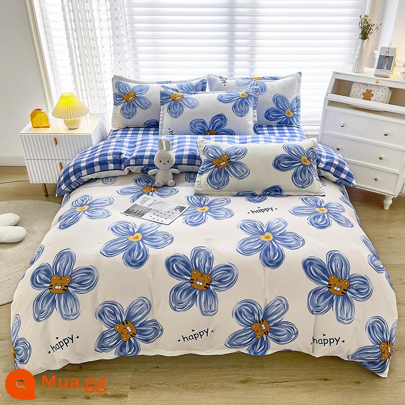 Lưới đỏ cotton nguyên chất 4 mảnh 100 ga trải giường cotton vỏ chăn 1.8 đôi vỏ chăn trải giường Bộ 4 món mùa thu và mùa đông nguồn cung cấp - tâm trạng