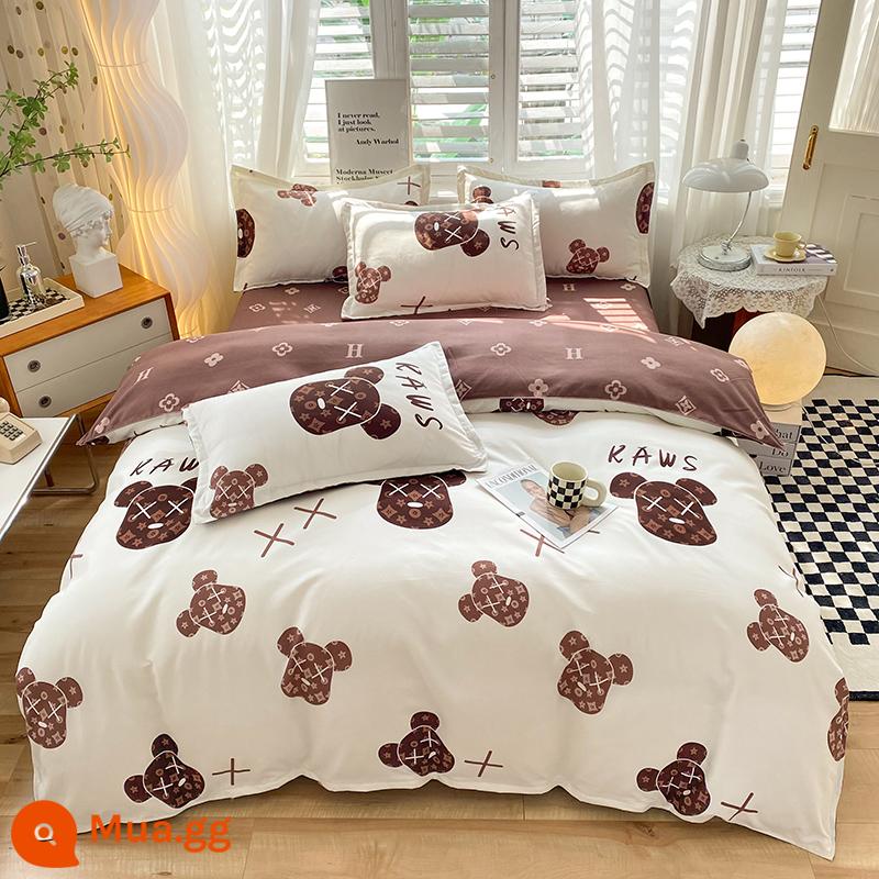 Lưới đỏ cotton nguyên chất 4 mảnh 100 ga trải giường cotton vỏ chăn 1.8 đôi vỏ chăn trải giường Bộ 4 món mùa thu và mùa đông nguồn cung cấp - Cam Mocha Gấu Y