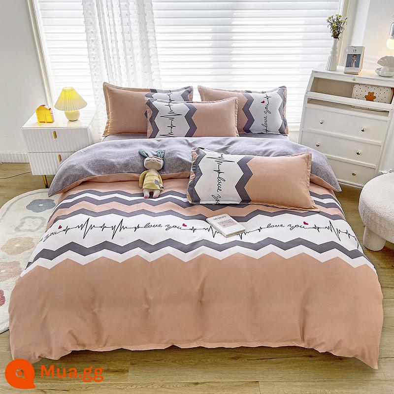 Lưới đỏ cotton nguyên chất 4 mảnh 100 ga trải giường cotton vỏ chăn 1.8 đôi vỏ chăn trải giường Bộ 4 món mùa thu và mùa đông nguồn cung cấp - nhịp tim