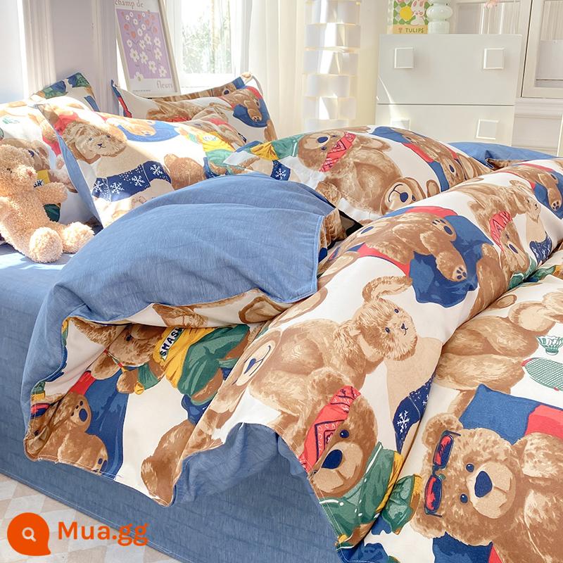 Lưới đỏ cotton nguyên chất 4 mảnh 100 ga trải giường cotton vỏ chăn 1.8 đôi vỏ chăn trải giường Bộ 4 món mùa thu và mùa đông nguồn cung cấp - Đảng Gấu Cam Y