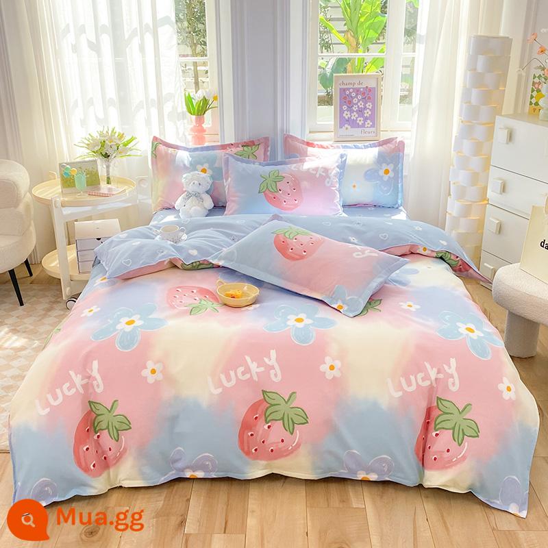 Lưới đỏ cotton nguyên chất 4 mảnh 100 ga trải giường cotton vỏ chăn 1.8 đôi vỏ chăn trải giường Bộ 4 món mùa thu và mùa đông nguồn cung cấp - Dưa Hấu Đỏ Mối Tình Đầu Y