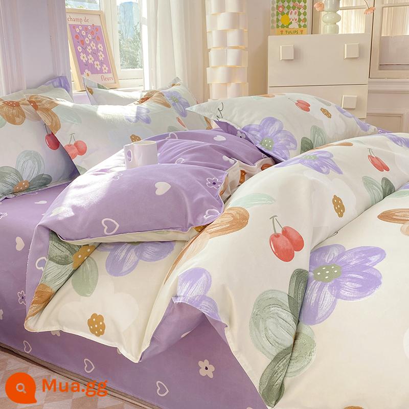 Lưới đỏ cotton nguyên chất 4 mảnh 100 ga trải giường cotton vỏ chăn 1.8 đôi vỏ chăn trải giường Bộ 4 món mùa thu và mùa đông nguồn cung cấp - Hương thơm xanh huỳnh quang Y