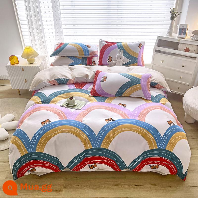 Lưới đỏ cotton nguyên chất 4 mảnh 100 ga trải giường cotton vỏ chăn 1.8 đôi vỏ chăn trải giường Bộ 4 món mùa thu và mùa đông nguồn cung cấp - Cầu Vồng