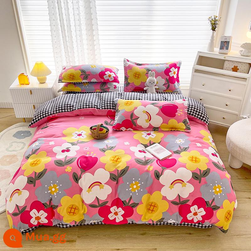 Lưới đỏ cotton nguyên chất 4 mảnh 100 ga trải giường cotton vỏ chăn 1.8 đôi vỏ chăn trải giường Bộ 4 món mùa thu và mùa đông nguồn cung cấp - Daisy Yêu MZ