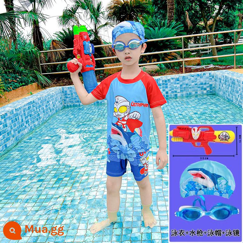 Áo Tắm Trẻ Em Bé Trai Ultraman 2 Mảnh Nhanh Khô Bé Trai Bé Chuyên Nghiệp Huấn Luyện Quần Bơi Đồ Bơi Mùa Hè - Mẫu cá mập đi kèm mũ bơi + kính bơi + súng nước