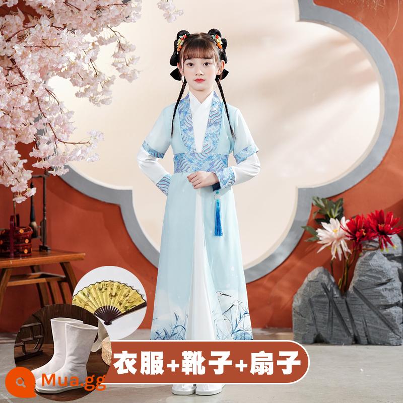 Quần áo trường học quốc gia dành cho trẻ em Hanfu Nam sinh mùa hè Trang phục kinh ba nhân vật Cô gái Ngày thiếu nhi Tang Suit Học sinh tiểu học Sách trẻ em Trang phục cổ đại - Khăn choàng nữ + bốt + quạt [lưu ý cỡ giày]