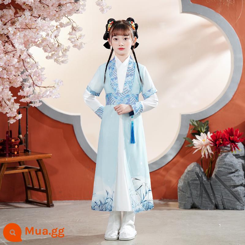 Quần áo trường học quốc gia dành cho trẻ em Hanfu Nam sinh mùa hè Trang phục kinh ba nhân vật Cô gái Ngày thiếu nhi Tang Suit Học sinh tiểu học Sách trẻ em Trang phục cổ đại - Cần cẩu khăn choàng bên ngoài và trang phục bên trong, phong cách nữ tính