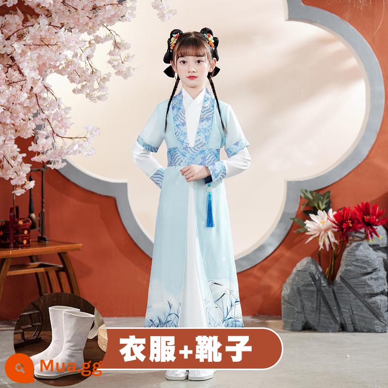 Quần áo trường học quốc gia dành cho trẻ em Hanfu Nam sinh mùa hè Trang phục kinh ba nhân vật Cô gái Ngày thiếu nhi Tang Suit Học sinh tiểu học Sách trẻ em Trang phục cổ đại - Vỏ ngoài và mặt trong cần cẩu cho nữ + bốt [lưu ý cỡ giày]