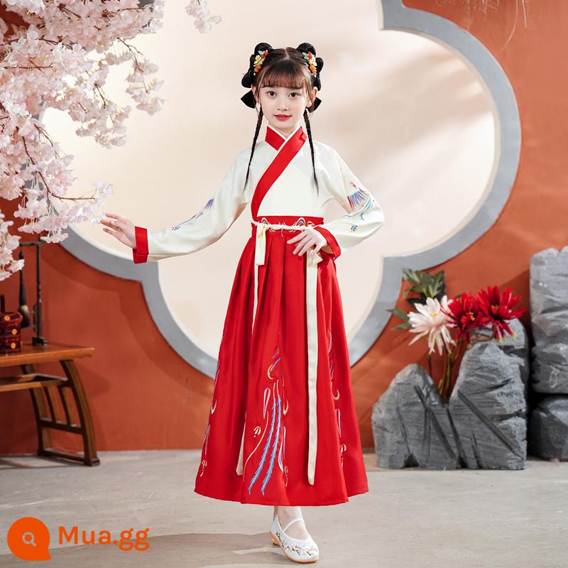 Quần áo trường học quốc gia dành cho trẻ em Hanfu Nam sinh mùa hè Trang phục kinh ba nhân vật Cô gái Ngày thiếu nhi Tang Suit Học sinh tiểu học Sách trẻ em Trang phục cổ đại - Mẫu nữ, áo màu vàng, tay áo thẳng màu đỏ, mũ đội đầu miễn phí