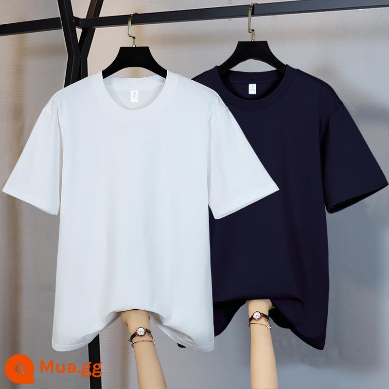 Mua một tặng một Áo sơ mi cộc tay nặng bằng cotton nguyên chất Tân Cương cho nam màu trơn Áo thun trắng ngắn tay tinh khiết Áo thun trắng mùa hè - Trắng + Xanh Navy (Trắng Nhỏ Số 1)