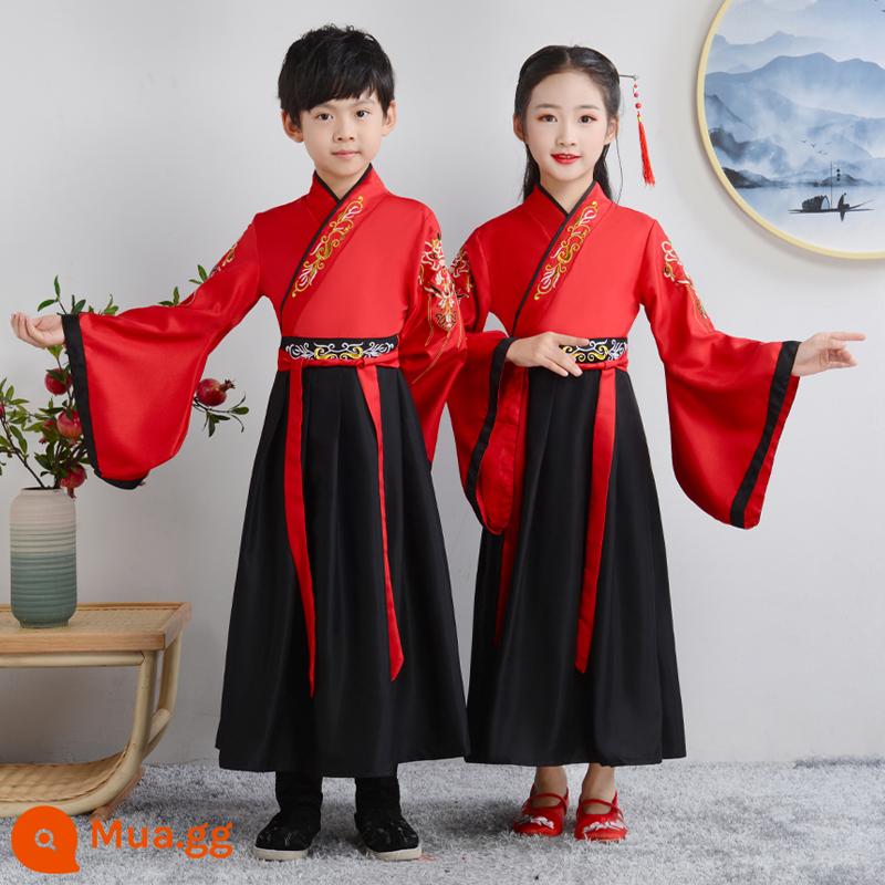 Đồng phục học sinh Trung Quốc của nam sinh Hanfu Trang phục cổ xưa phong cách Trung Quốc cuốn sách dành cho trẻ em trang phục biểu diễn ngâm thơ Trang phục biểu diễn của trẻ em Kinh Ba Chữ - Tay áo rộng Như Ý màu đỏ lớn