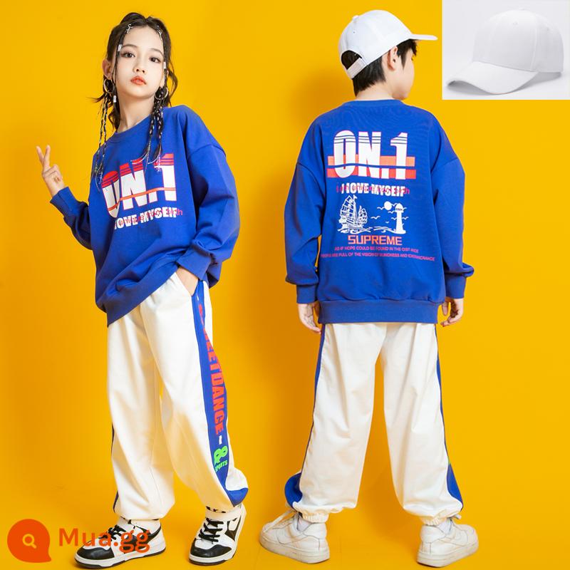 Quần áo hợp thời trang dành cho trẻ em hip-hop Cuộc họp thể thao dành cho trẻ em ở trường tiểu học quần áo biểu diễn khiêu vũ ném bom đường phố nhóm biểu diễn hip-hop quần áo lớp thể dục dụng cụ - ON.1 dài tay màu xanh +& quần trắng + mũ trắng tinh