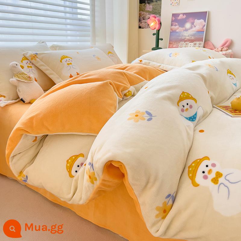 Sữa MUJI Nhung Giường 4 Bộ Nhung San Hô Mùa Đông Plus Nhung Giường Vỏ Chăn Dép Nỉ Sang Trọng Chăn Ga Gối - Vịt Happy [dày và nhung, giữ nhiệt và giữ ấm]