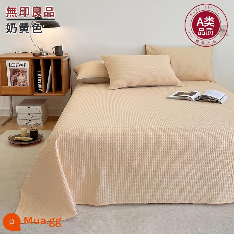 MUJI Class A cotton nguyên chất ga trải giường cotton đã giặt 1 mảnh 100 cotton ký túc xá Bộ 3 món chăn đơn 1.5m nam đơn - Màu vàng kem [bánh quế 100 cotton, thoải mái và thân thiện với da]