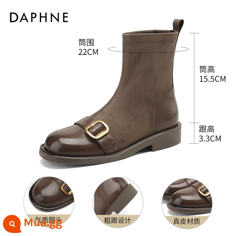 Giày bốt ngắn da Daphne Giày bốt mỏng nữ 2023 mùa thu đông mới Giày bốt đế bằng nhung gót thấp Giày bốt Martin dành cho nữ - Lớp lót đơn kaki [chất liệu da bò mềm]