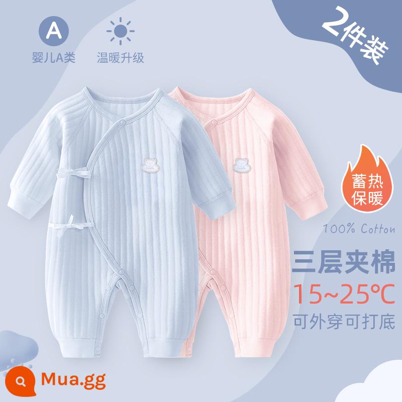 Bộ áo liền quần cho bé sơ sinh, bộ đồ ngủ cotton nguyên chất mùa xuân thu ấm áp cho bé, quần áo sơ sinh, áo choàng dày cho bé sơ sinh - Bộ 2 màu xanh + hồng