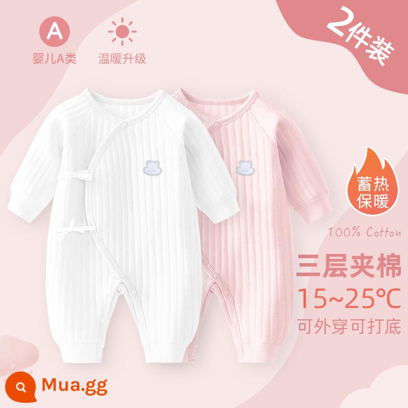 Bộ áo liền quần cho bé sơ sinh, bộ đồ ngủ cotton nguyên chất mùa xuân thu ấm áp cho bé, quần áo sơ sinh, áo choàng dày cho bé sơ sinh - Bộ 2 màu trắng + hồng