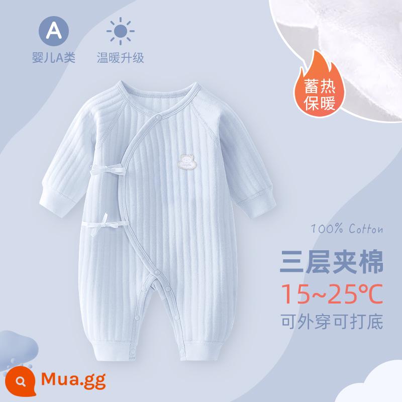 Bộ áo liền quần cho bé sơ sinh, bộ đồ ngủ cotton nguyên chất mùa xuân thu ấm áp cho bé, quần áo sơ sinh, áo choàng dày cho bé sơ sinh - nhãn bạc gấu xanh