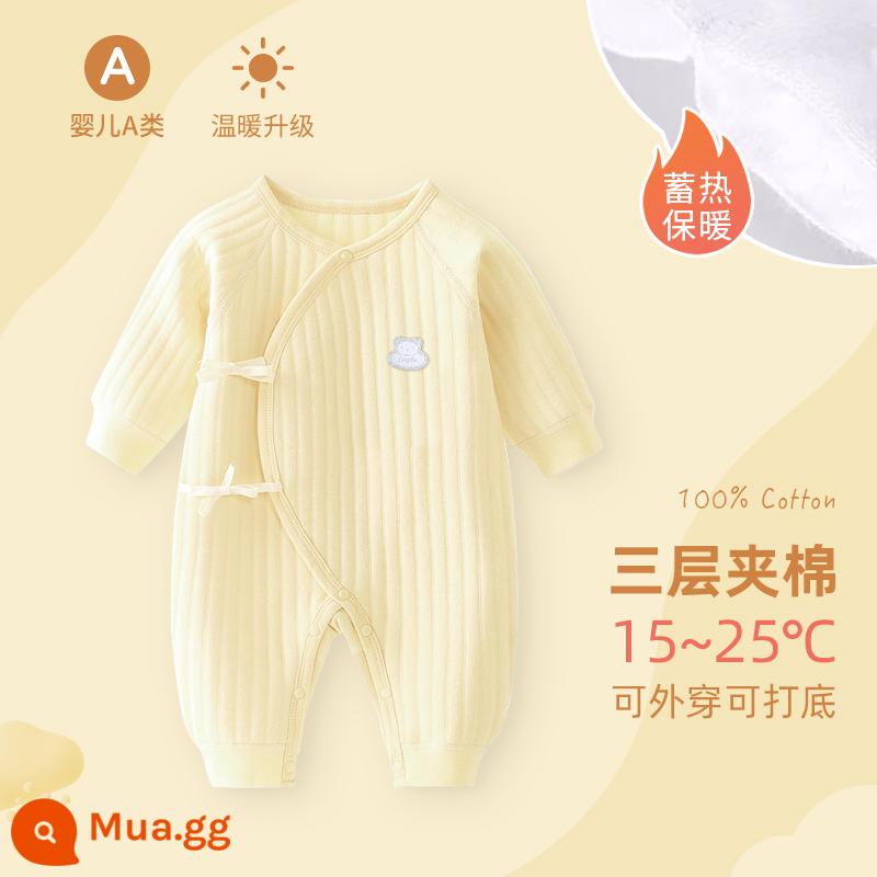 Bộ áo liền quần cho bé sơ sinh, bộ đồ ngủ cotton nguyên chất mùa xuân thu ấm áp cho bé, quần áo sơ sinh, áo choàng dày cho bé sơ sinh - Gấu vàng nhãn bạc