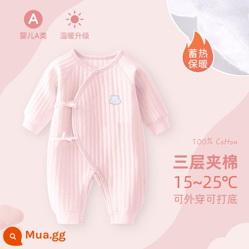 Bộ áo liền quần cho bé sơ sinh, bộ đồ ngủ cotton nguyên chất mùa xuân thu ấm áp cho bé, quần áo sơ sinh, áo choàng dày cho bé sơ sinh - Gấu hồng nhãn bạc