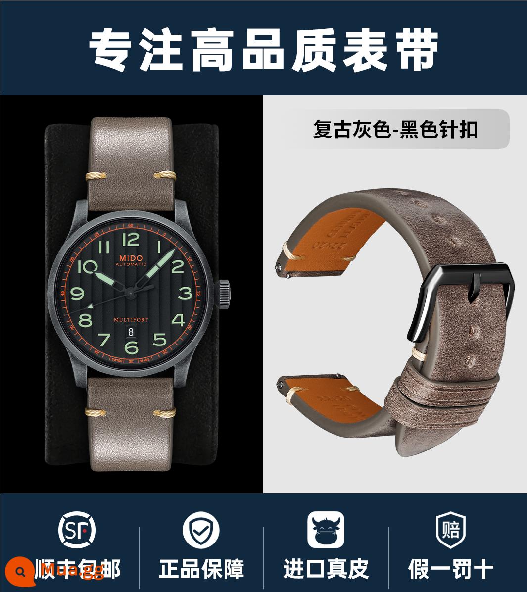 Handmade nhanh chóng phát hành dây da nam thích hợp cho Mido CITIZEN Tissot Seiko Armani dây đeo da bò retro - Khóa ghim màu xám + đen cổ điển