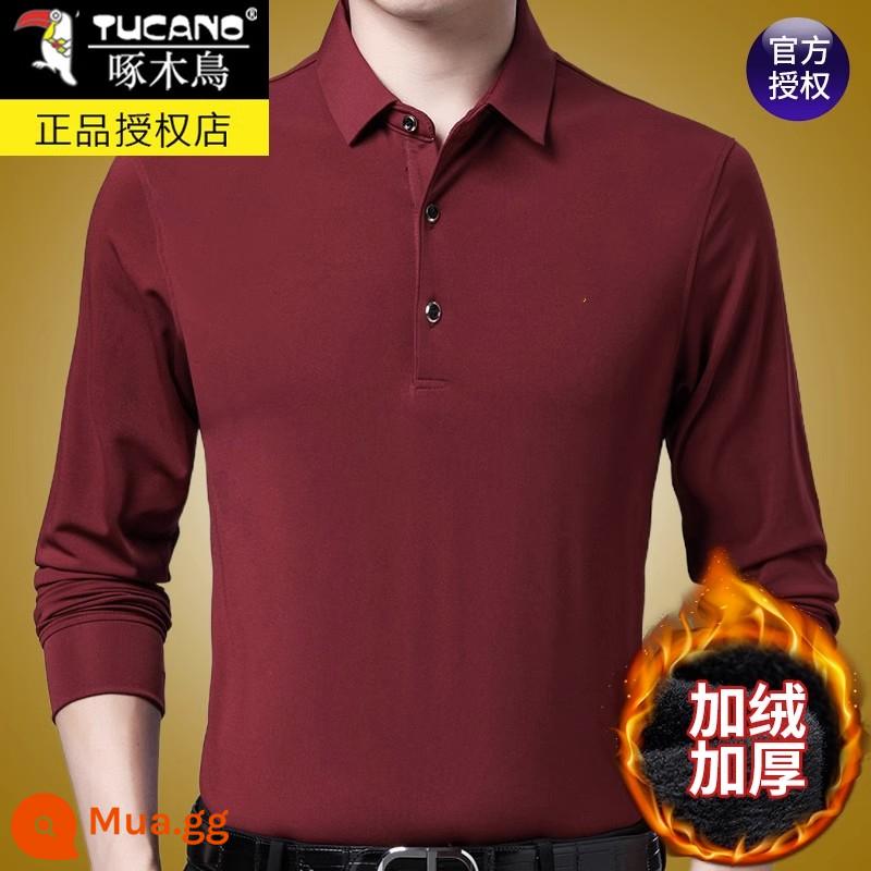 Áo thun dài tay cotton nguyên chất thương hiệu Woodpecker dành cho nam mùa xuân thu 2023 dành cho nam giới trung niên và người lớn tuổi mùa thu đông đáy áo sơ mi POLO Plus nhung - Nhung P18 đỏ